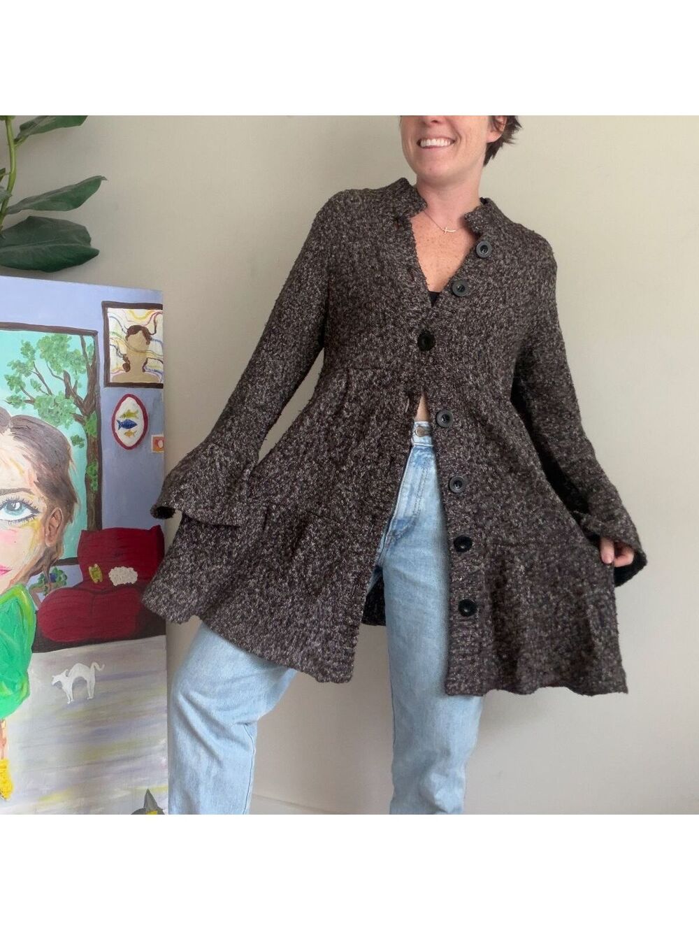 Vintage y2k brown marled button front long cardigan